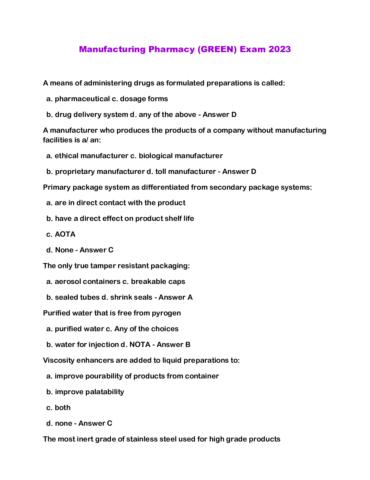 Preview image of Manufacturing Pharmacy (GREEN) Exam 2023 document